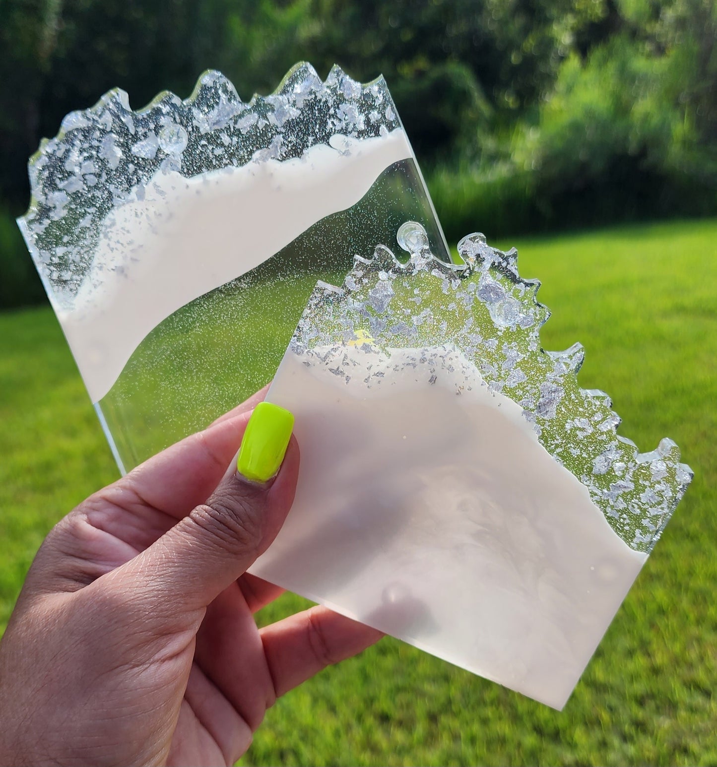 Agate Square Clear/ White with Silver Flakes Coasters