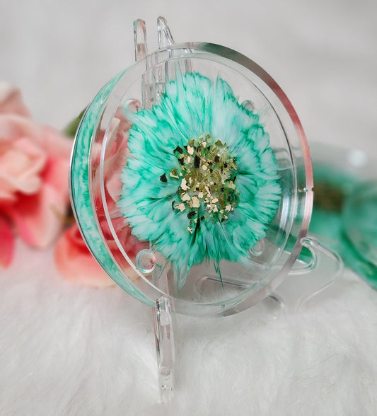 Clear Round Glass Fill Coasters W/Ink Flower